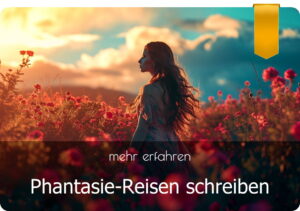 Phantasie-Reisen schreiben - Frau in Blumenfeld vor bewölktem Himmel bei Sonnenuntergang